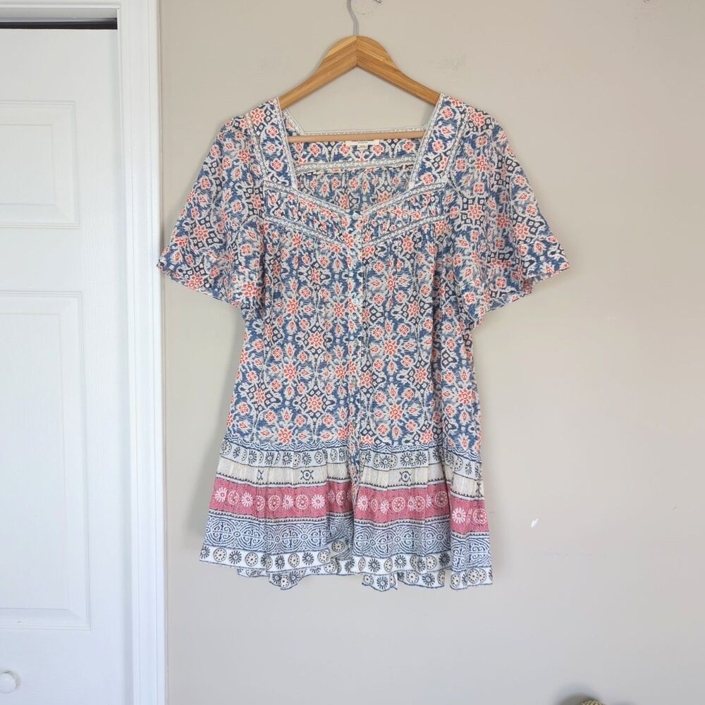 BeachLunchLounge Cottagecore Floral Tunic Peasant Dress Medium Cotton Prairie